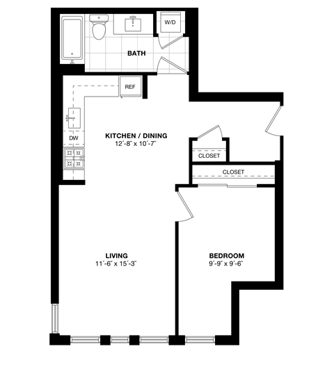 Floor plan for 1 bed, 1 bath, 672 sqft